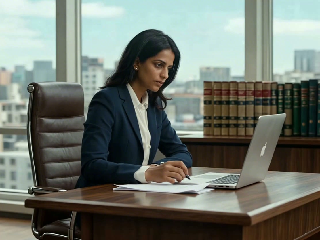 Illustrative scene of an Indian legal professional working at her laptop