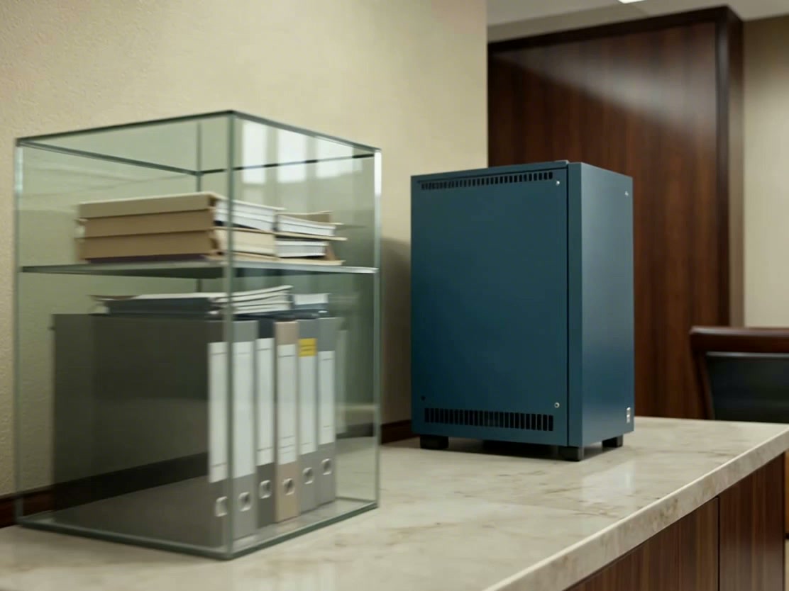 Architectural illustration of a firm's files beside a private server